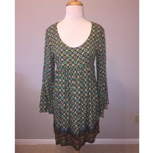 vintage print mini dress with bell sleeves